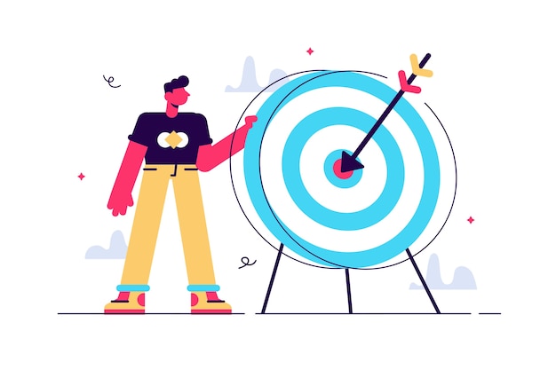 Vector cartoon man holding dart board with direct hit on target