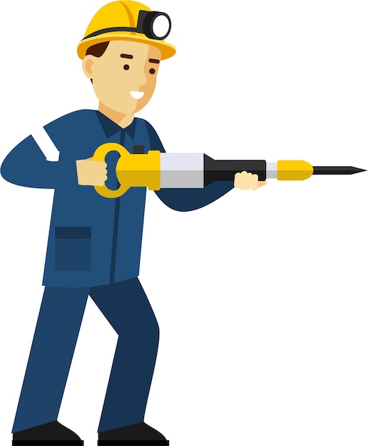 Cartoon man holding a drill with a yellow helmet.