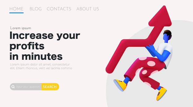 Cartoon man holding growing arrow income or profit increase concept landing page template