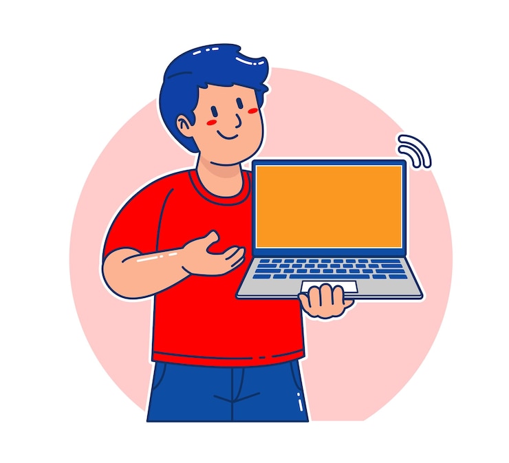 Vector cartoon man holding a laptop