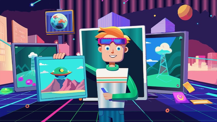Vector a cartoon of a man holding a tablet and a picture of a man with a picture of a planet on it
