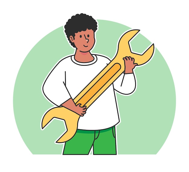 Cartoon man holding wrench