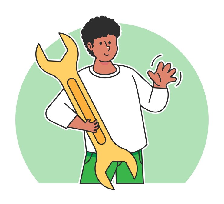 Vector cartoon man holding wrench