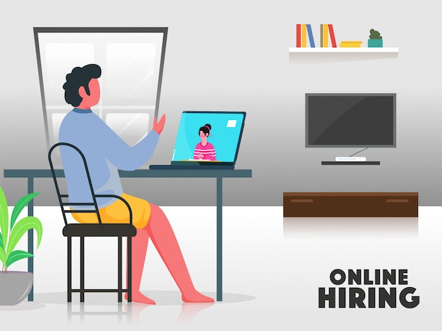 Vector cartoon man interviewing a job candidate from laptop for online hiring concept.