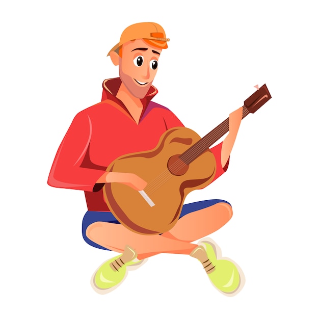 Vector cartoon man play acoustic guitar sitting outdoors