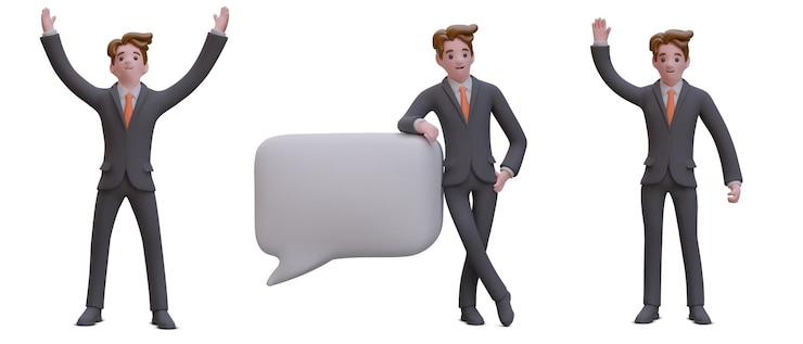 Vector cartoon man raises his hands up leans on dialogue bubble waves