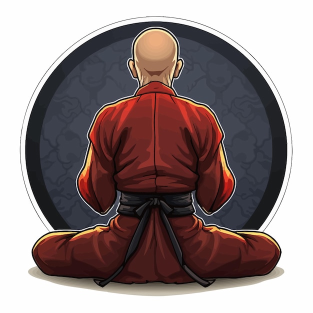 A cartoon of a man in a red kimono with a black belt.