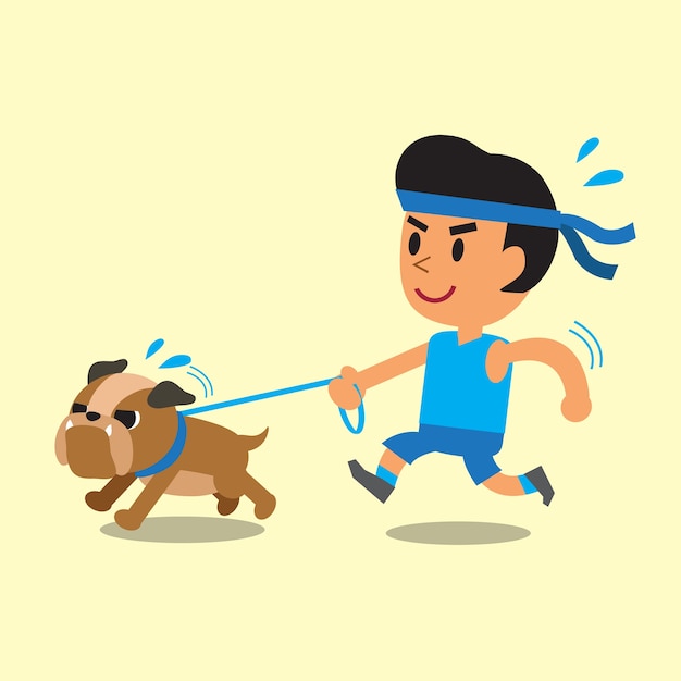 Cartoon man running with his bulldog