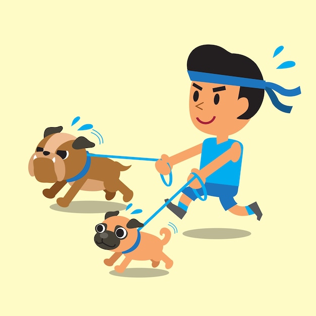 Cartoon man running with his dogs