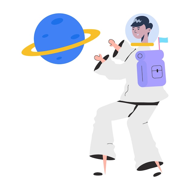 A cartoon of a man in a space suit with a planet in the background.