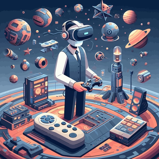 a cartoon of a man in a space suit with a remote control in the middle