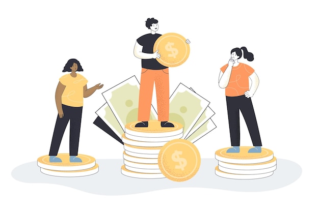 Cartoon man standing on higher stack of coins than women