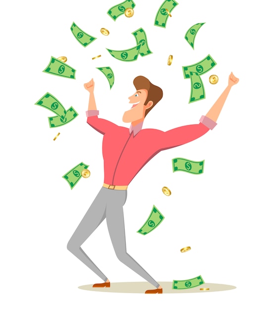 A cartoon man standing under money rain banknotes and coin