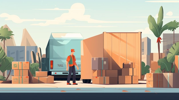 Vector a cartoon of a man standing next to a truck with boxes in front of it