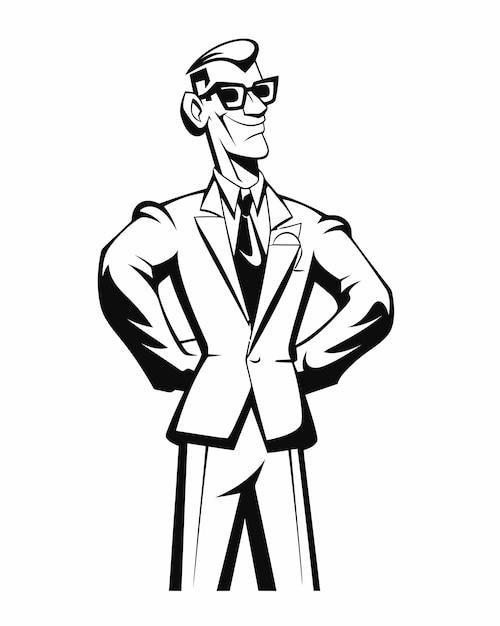 A cartoon man in a suit and sunglasses stands in front of a white background.