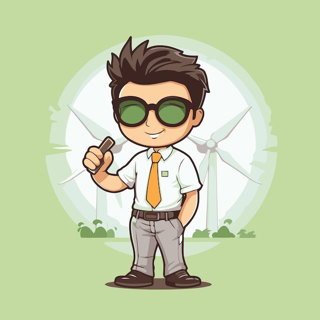 Cartoon man in sunglasses holding a cell phone vector illustration