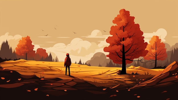 Vettore un cartone animato di un uomo e un albero con uno sfondo rosso