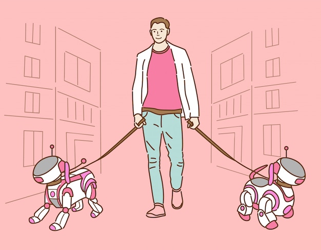 Vector cartoon man walking with two robot-dog in city landscape