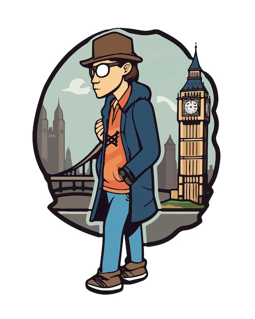 ビッグ ベンの前を歩く帽子と眼鏡をかけた男性の漫画。