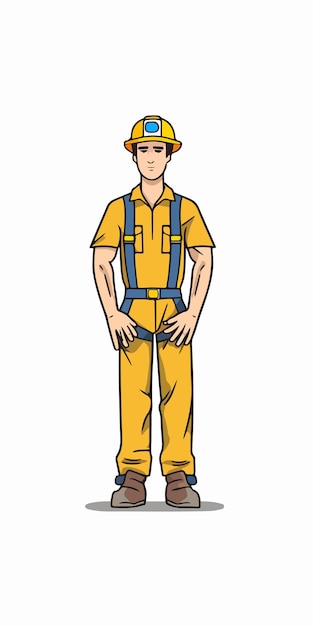 Vector a cartoon man wearing a yellow construction hat and overalls.