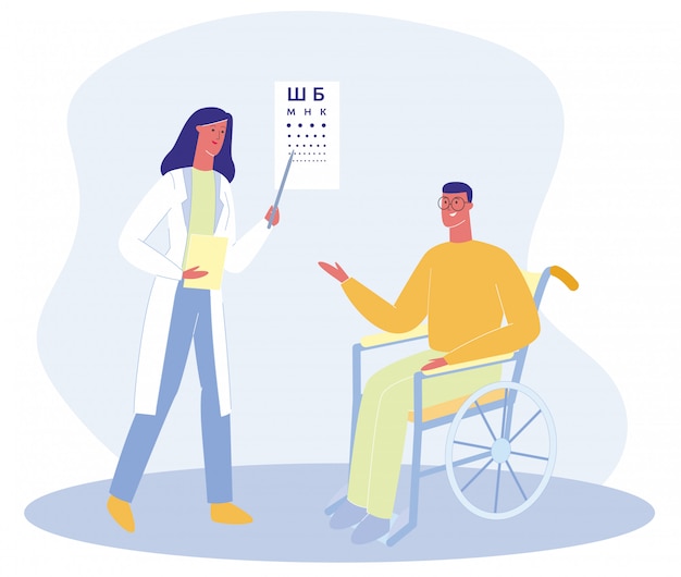 Vector cartoon man in wheelchair talk to woman doctor