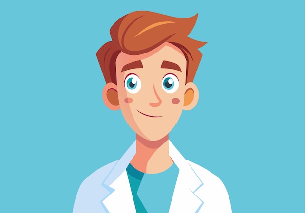 A cartoon man in a white lab coat with a smile on his face