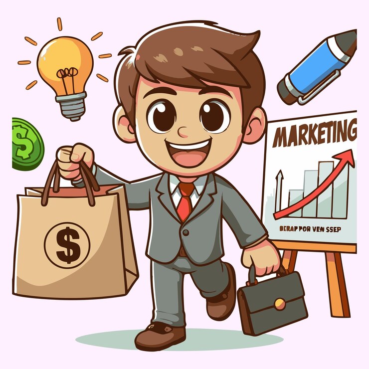 वेक्टर a cartoon of a man with a bag of money and a sign that says quot marketing quot