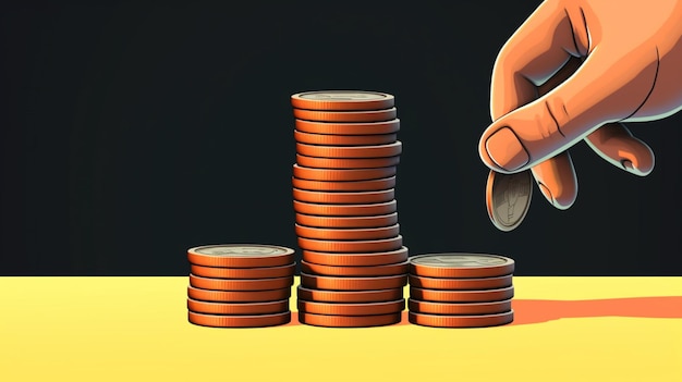 Vettore un cartone animato di un uomo con una moneta in mano e una moneta al centro