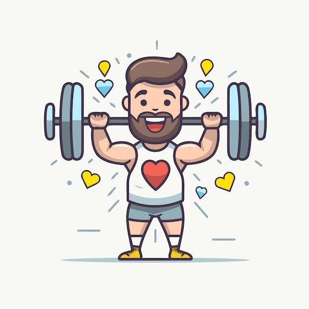 Vector cartoon man with dumbbells and heart vector illustration