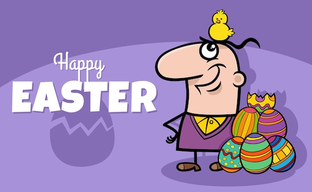 Vector cartoon man with easter chick hatched from egg