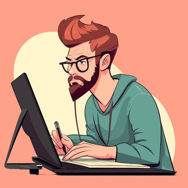 A cartoon of a man with glasses and a hoodie is working on a laptop.