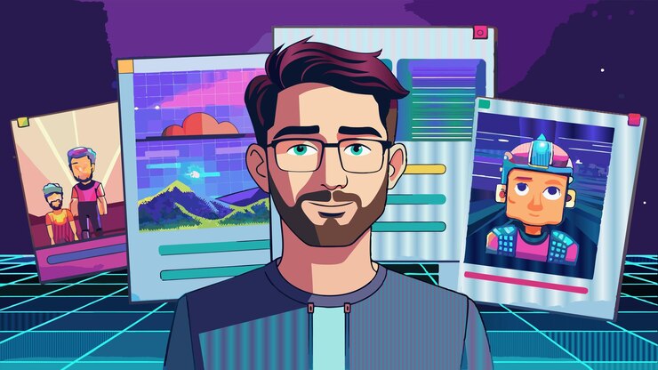 Vector a cartoon of a man with glasses and a purple background