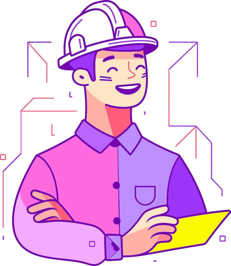 Vector a cartoon of a man with a hard hat on and a yellow piece of paper in his hands