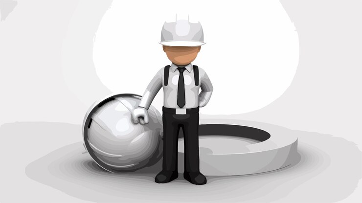 Vector a cartoon of a man with a helmet and a helmet next to a computer monitor
