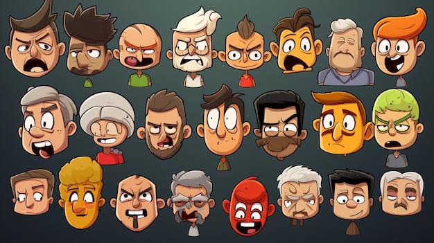Vector a cartoon of a man with many faces and a lot of facial expressions