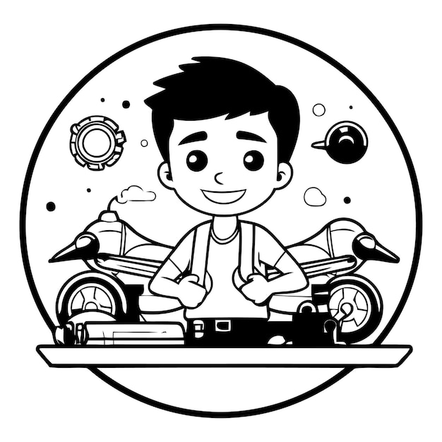 モーターサイクルを乗せた漫画の男フラットデザインスタイルのベクトルイラスト