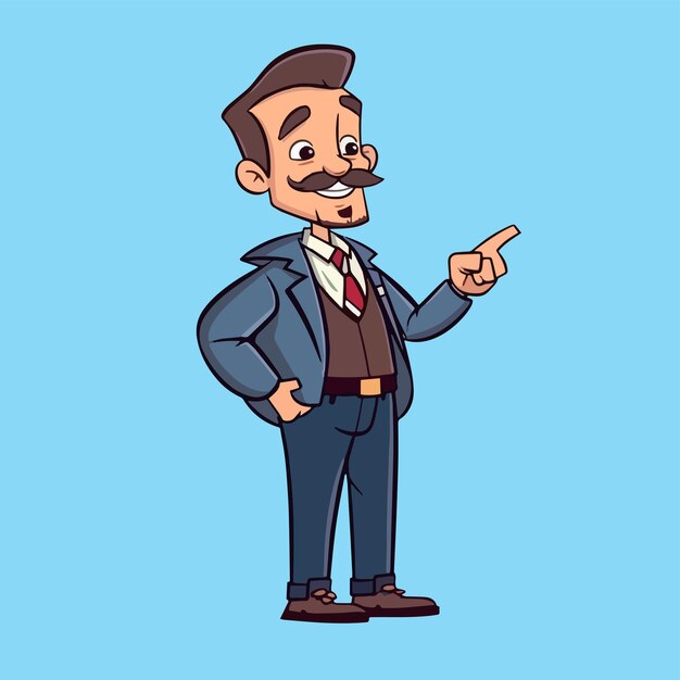 Cartoon man with a mustache pointing to the right vector art illustration