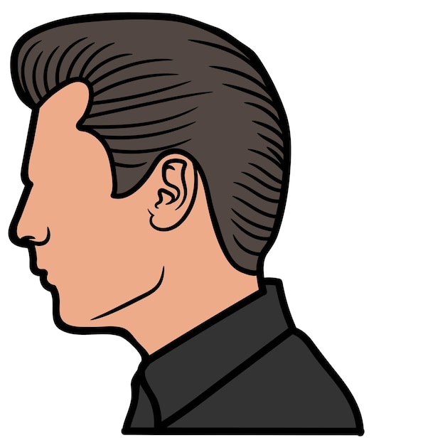 Vettore un cartone animato di un uomo con un taglio di capelli corto e una camicia nera