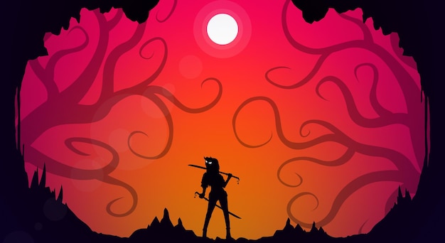 A cartoon of a man with a spear in front of a red sky.