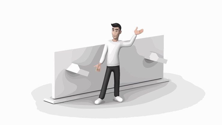 वेक्टर a cartoon man with a white shirt and black pants is standing in front of a large piece of paper