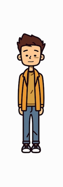 A cartoon man with a yellow jacket and blue pants is standing.