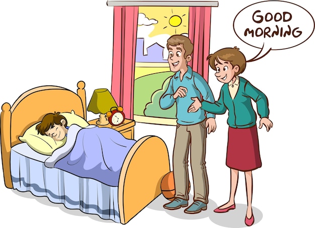 A cartoon of a man and woman in bed saying go morning.