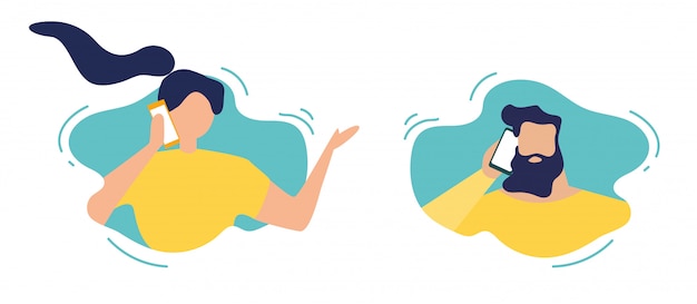 cartoon man and woman characters in speech bubbles talk phone