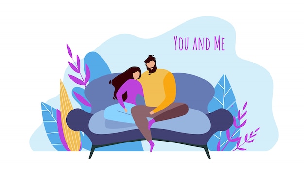 Cartoon Man Woman Couple Sitting Together on Sofa