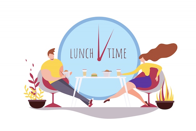 Vector cartoon man woman eating together lunch time cafe