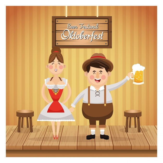 Вектор Мультфильм мужчина женщина девушка пивной фестиваль oktoberfest германия значок