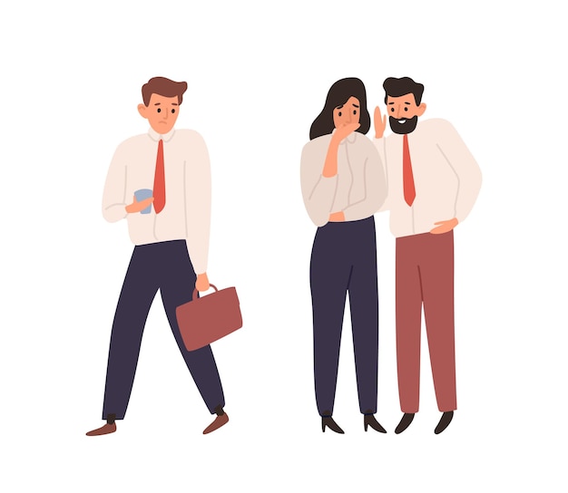 Vector cartoon man and woman office worker gossiping about colleague vector flat illustration. male and female talking and whispering together isolated on white. business people spreading rumors at work.