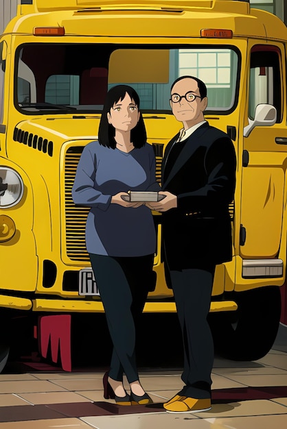 Vettore un cartone animato di un uomo e una donna in piedi accanto a un autobus