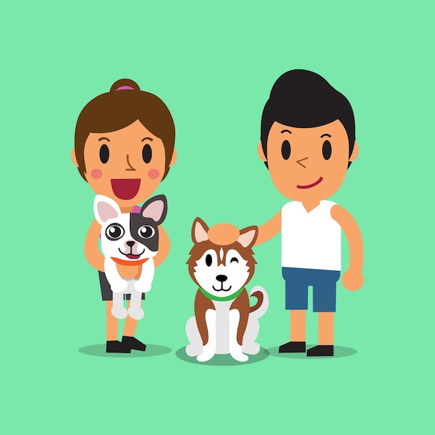 Cartoon man and woman with dogs