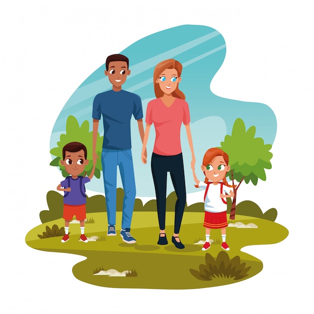 Vector cartoon man and woman with kids in the park